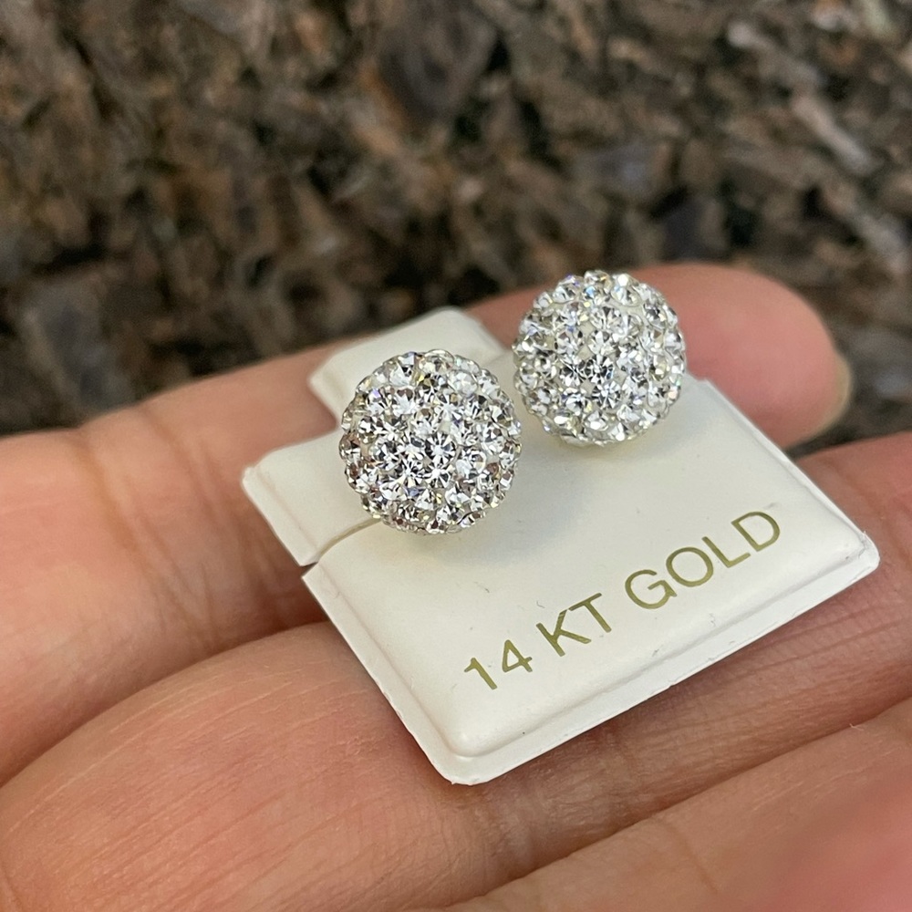Solid Gold 14Karat Disco Ball 10mm Cz Stud Earring